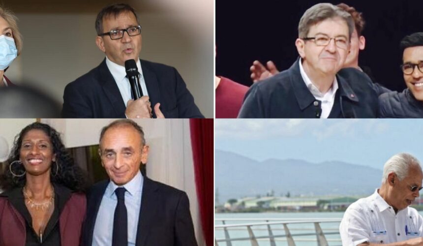 De gauche à droite et de haut en bas : Valérie Pécresse, présidente de Région Ile-de-France et candidate des Républicains (LR) à l'élection présidentielle, au côté du Guadeloupéen Patrick Karam vice-président de Région et porte-parole de la candidate. Jean-Luc Mélenchon député et candidat de La France insoumise (LFI) à l'élection présidentielle, au côté du Réunionnais Younou Omarjee députée européen LFI. Éric Zemmour candidat du parti Reconquête à l'élection présidentielle et la Guadeloupéenne Maxette Pirbakas députée européenne (groupe Rassemblement nationale). Anne Hidalgo, maire de Paris et candidate du Parti socialiste (PS) à l'élection présidentielle et le sénateur guadeloupéen (groupe socialiste) Victorin Lurel.