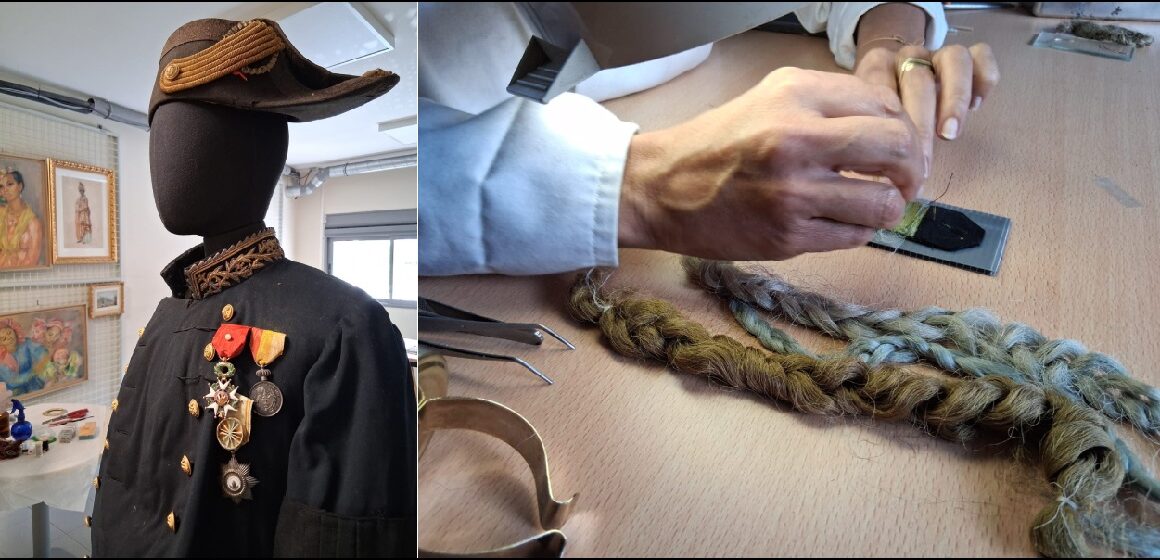 Le grand uniforme de Camille Mortenol, officier de marine guadeloupéen et héros de la Première Guerre mondiale, stabilisé au Musarth par Stéphanie Ovide, restauratrice du patrimoine textile.