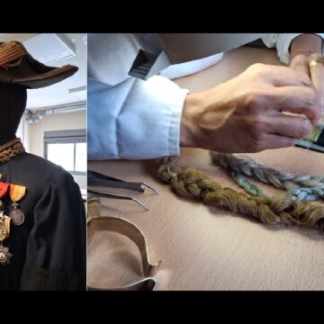 Le grand uniforme de Camille Mortenol, officier de marine guadeloupéen et héros de la Première Guerre mondiale, stabilisé au Musarth par Stéphanie Ovide, restauratrice du patrimoine textile.