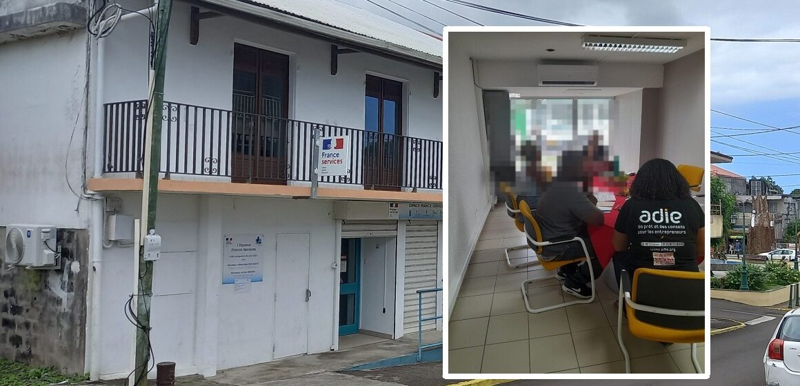 La devanture du local France services de Sainte-Rose, lieu des Cafés créateurs de l’Adie. À droite en incrustation, une session d’accompagnement qui illustre le dispositif. Photomontage LCG.