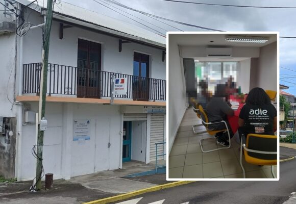 La devanture du local France services de Sainte-Rose, lieu des Cafés créateurs de l’Adie. À droite en incrustation, une session d’accompagnement qui illustre le dispositif. Photomontage LCG. La devanture du local France services de Sainte-Rose, lieu des Cafés créateurs de l’Adie. À droite en incrustation, une session d’accompagnement qui illustre le dispositif. Photomontage LCG.