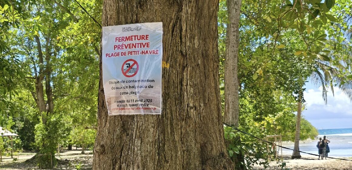 Le panneau de fermeture de la plage de Petit-Havre au au Gosier, en avril 2025. La baignade y a été interdite en raison d'une pollution liée au dysfonctionnement de l'assainissement. Photo : Ici le Gosier